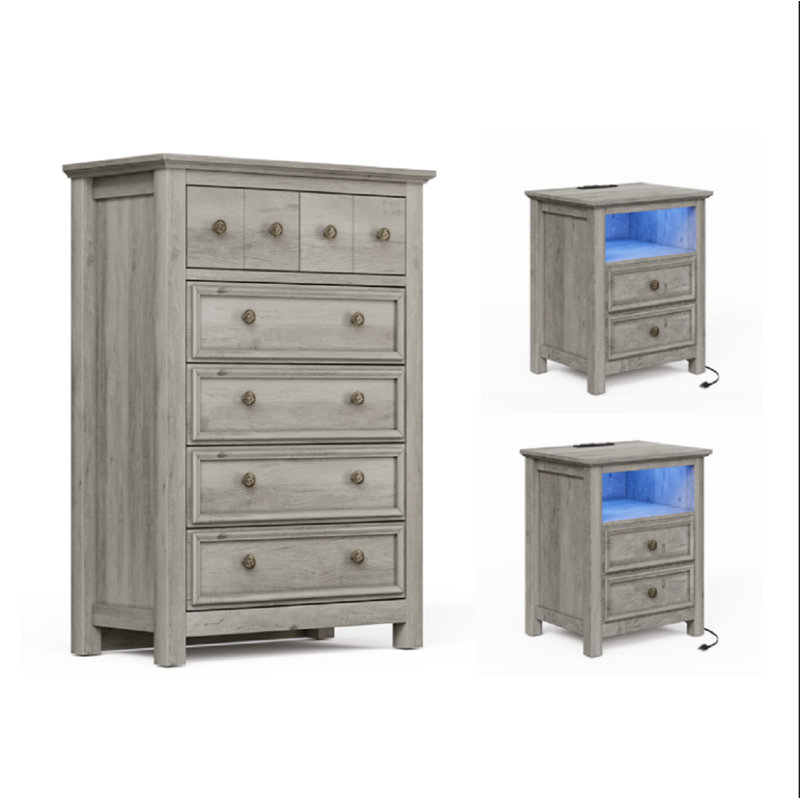 Ensemble de commode de chambre 3 pièces - Grande commode 6 tiroirs et deux tables de chevet 2 tiroirs avec station de charge et DEL, gris délavé