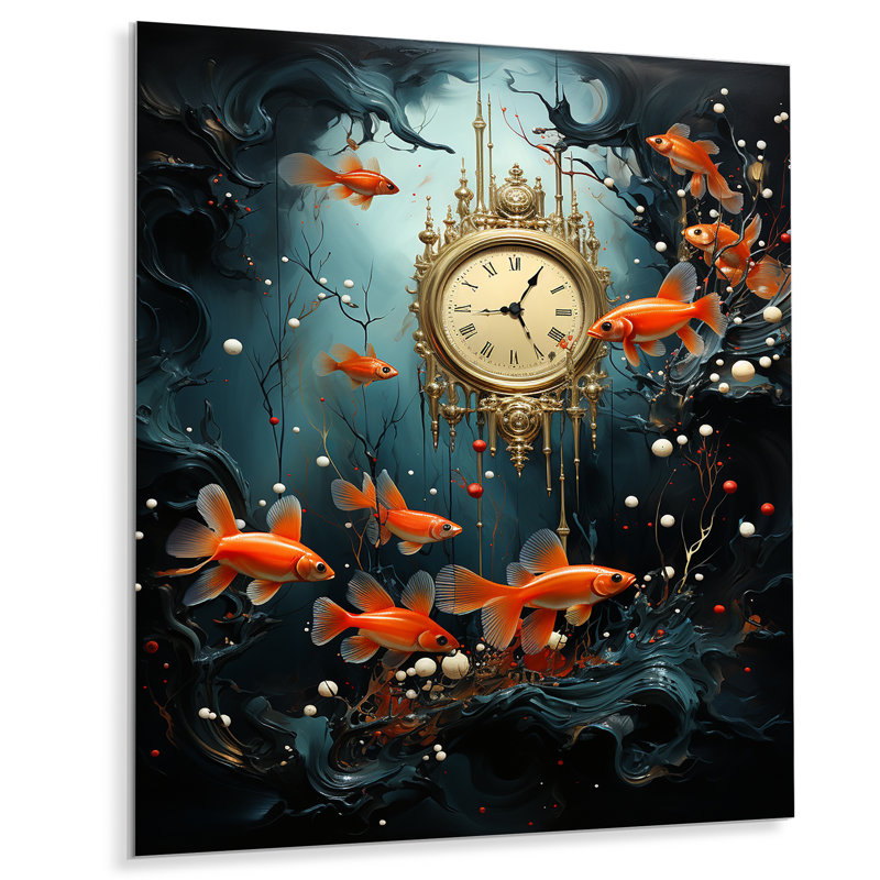 "Paysage sous-marin d'une horloge surréaliste" sur métal, H 32 po x l 16 po x P 1 po