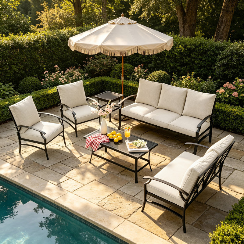 Ensemble de patio d'extérieur en métal 7 personnes avec deux tables et coussins Nickita, Beige