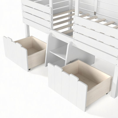 House Loft Bed with Cute Stairs and 2 Big Storage Drawers, Low Loft Bed with House Shaped Roof, Childlike and No Box Spring Needed Design, Farmhouse Style
