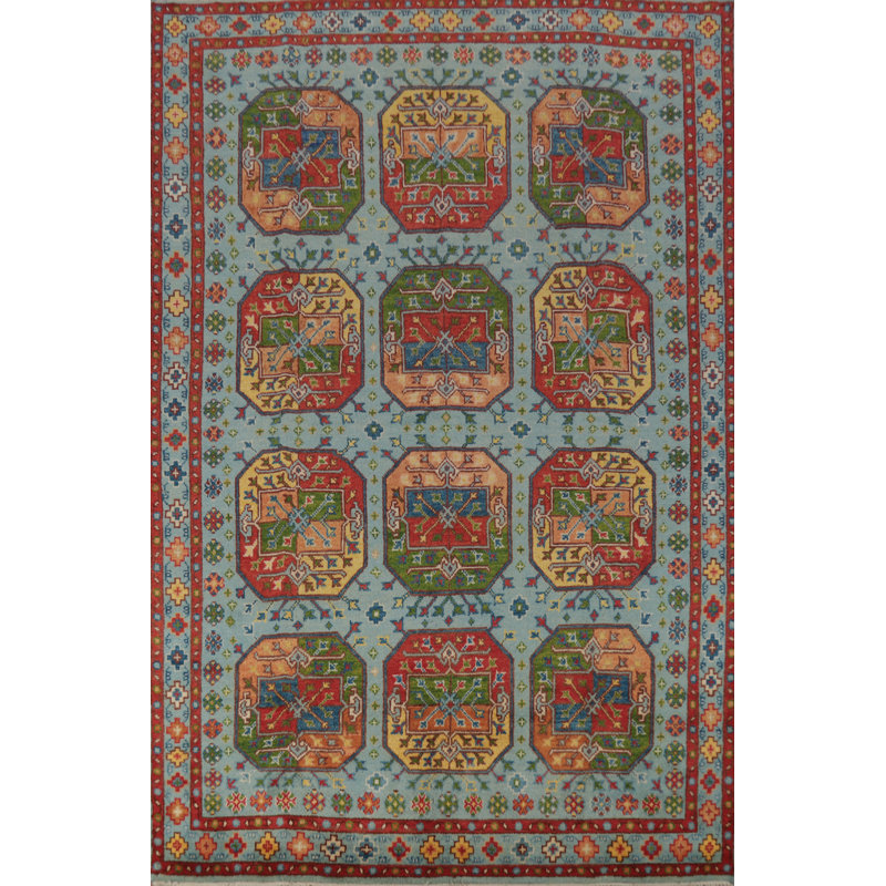 Tapis bleu indien à motif géométrique traditionnel 7 x 10