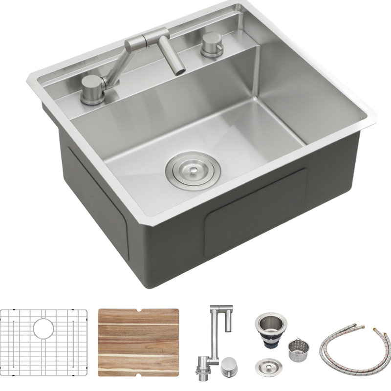 Évier de cuisine encastré de 21 pouces, structure en acier inoxydable de calibre 16, robinet pliant à 360 °, planche à découper, conception invisible pour un espace de travail fonctionnel, guide d'eau en forme de X, revêtement et coussin de 3 m, livré