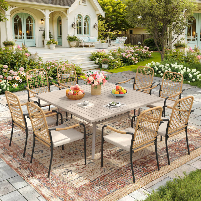 8-Person Square Outdoor Patio Dining Set With Stackable Armchair, Cream