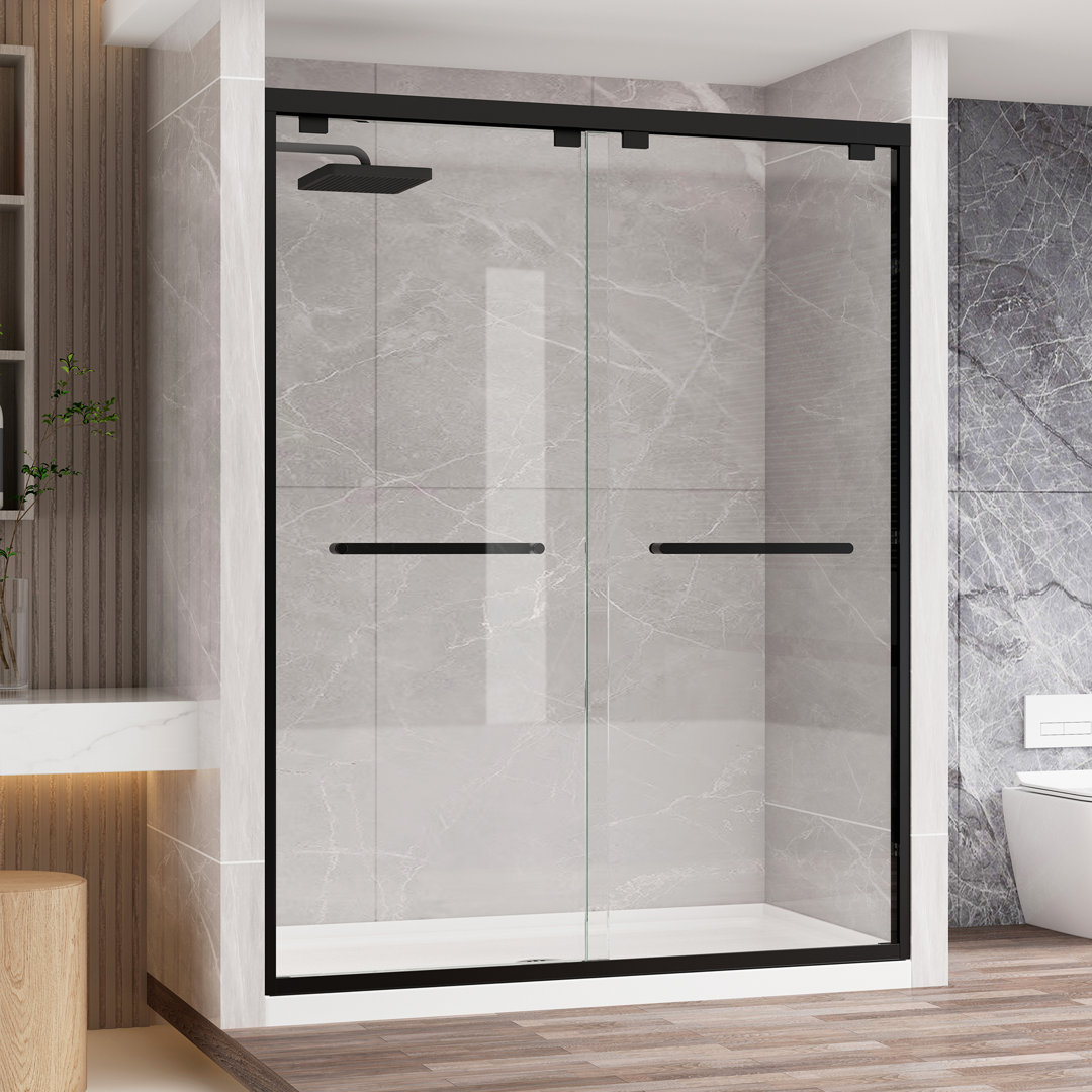 56'' - 60'' W x 76'' H Double Sliding Door Framed Shower Door with Two Towel Bars, Easy-Clean Coating, Explosion-Proof Film KPUY