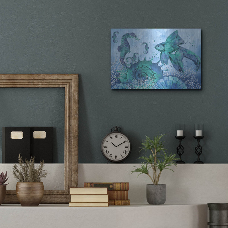 Art mural en métal luxueux «Ocean Blues B» par Jean Plout, 16 po x 12 po, 16 po x 12 po