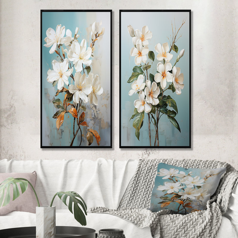 Plumeria Harmony Bouquet - Ensemble de salon mural 2 pièces Plumeria, Cadre flottant noir, H 28 po x l 25 po