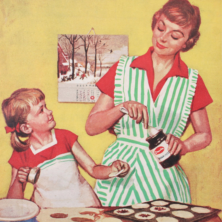« mère et fille à la cuisson », reproduction d’art sur toile, H 12 po x l 12 po x P 0,75 po, Toile tendue, Pas de tapis