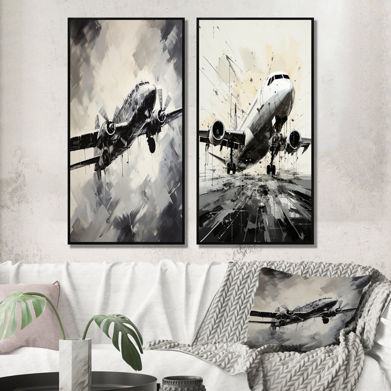«Avion monochromatique en vol» - 2 pièces, Cadre noir, H 20 po x l 24 po