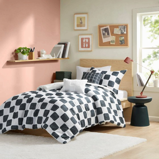 Ensemble de couette imprimée en polyester à carreaux rouges, taille grand/queen
