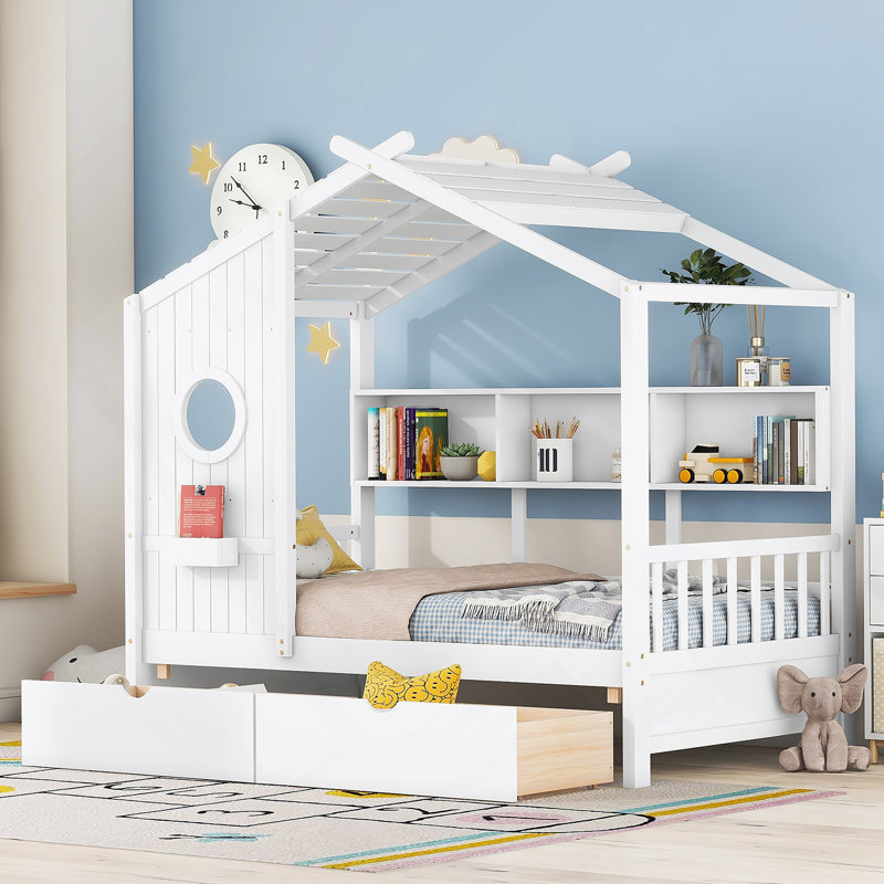 Lit simple en bois avec 2 tiroirs, lit pour enfant avec tablette de rangement, blanc, Twin