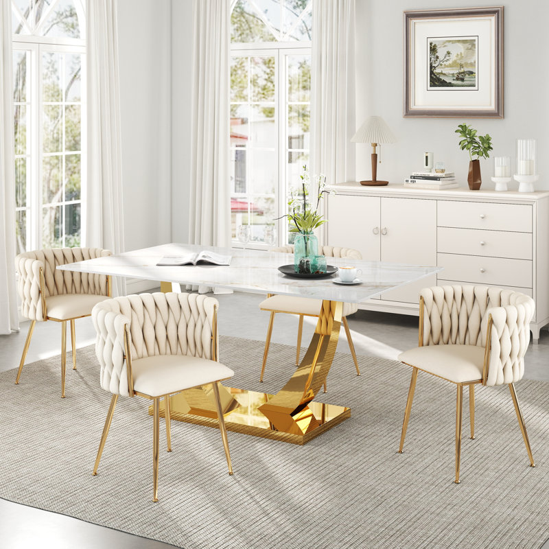 Ensemble de salle à manger rectangulaire à piédestal avec chaise tissée, Beige