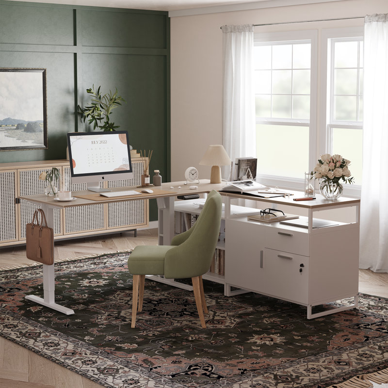 Normandie 66.1'' W Height Adjustable L-Shaped Standing Desk with and Cabinet, White