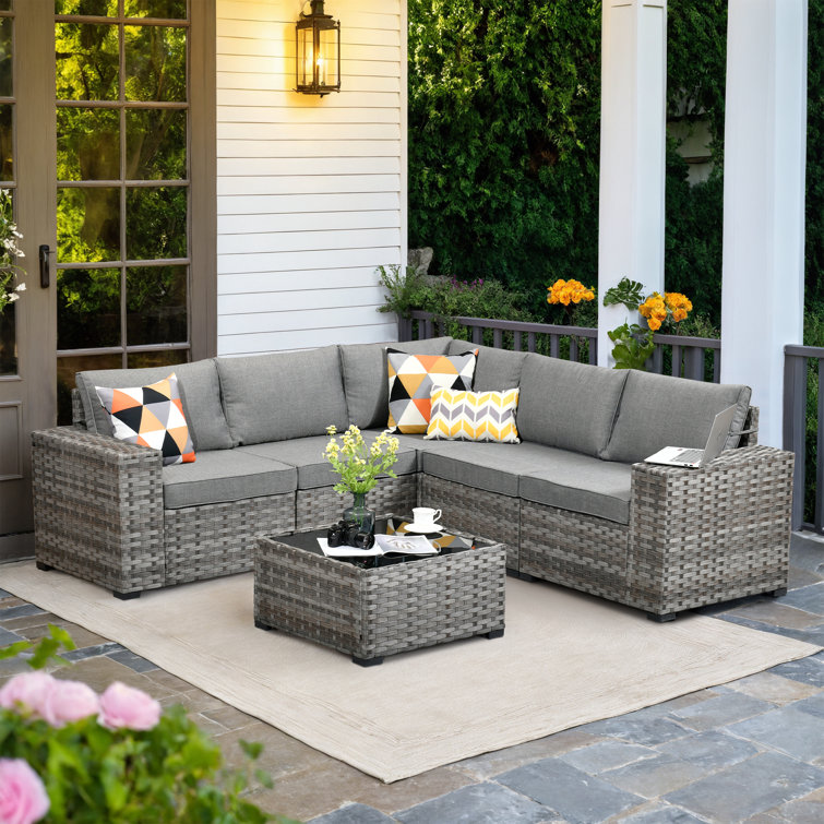 Baili 5 - Person Outdoor Wicker Sectional Seating Group with Cushions, Modern Modular Rattan Conversation Set, Patio Furniture Set with Wide Armrest