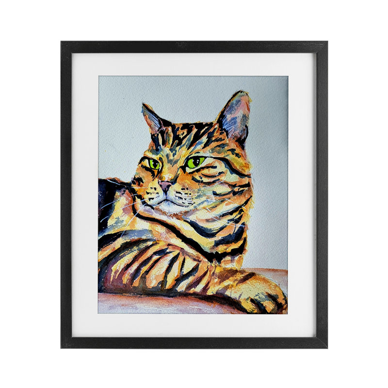 Reproduction sous verre rayé orange, pose de Tatiana Roberts, H 21 po x l 17 po, Cadre noir minuit
