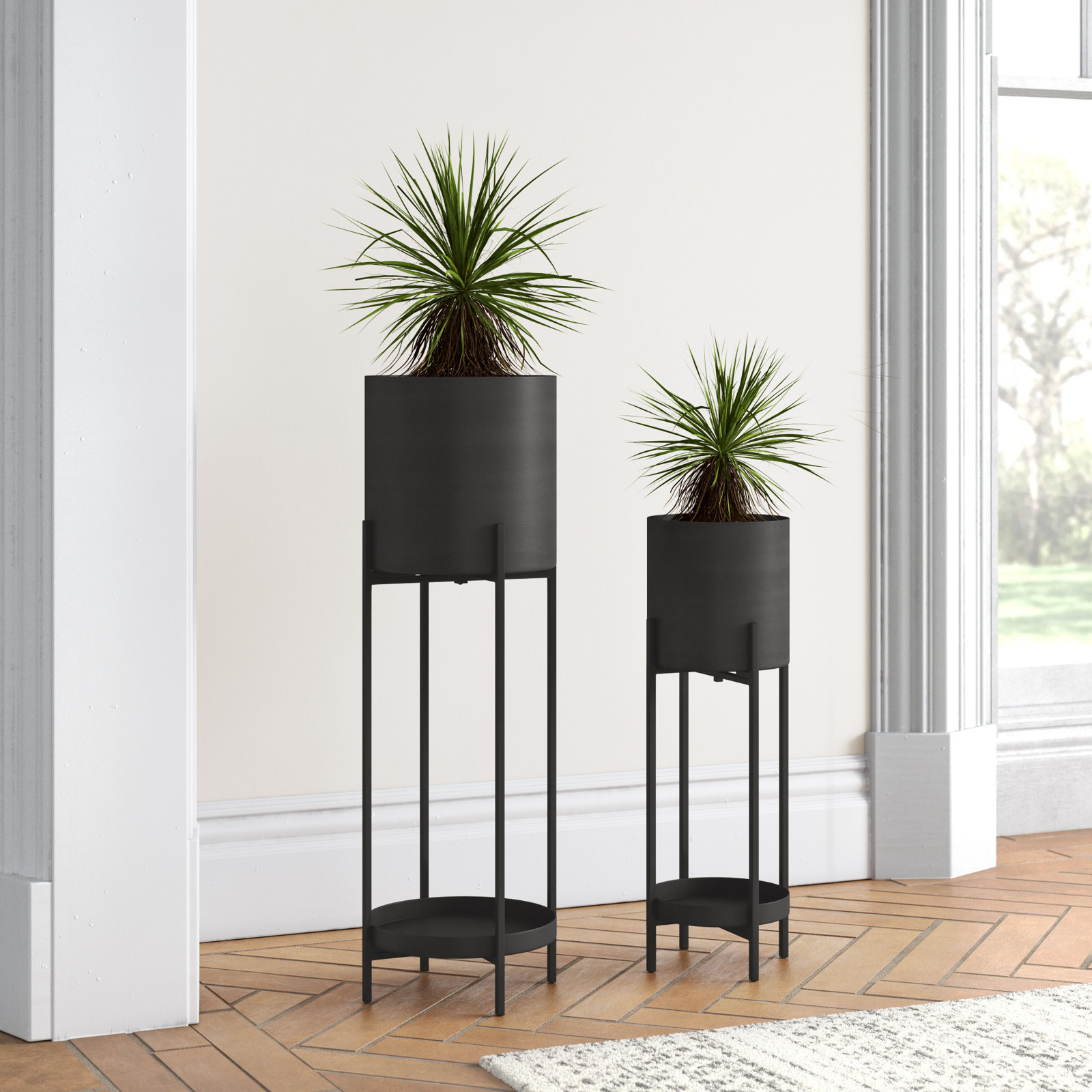 Marlee 2 Piece Metal Indoor Outdoor Planter with Lower Shelf and Removable Stand Set