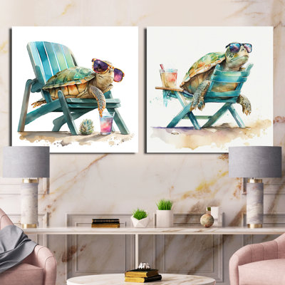 Tortue allongée sur une chaise de plage avec lunettes de soleil - Ensemble de 2 animaux carrés