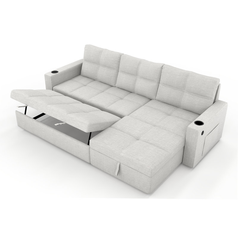 Canapé-lit convertible en tissu, canapé-lit modulaire escamotable avec charge USB et porte-gobelets, canapé-lit en forme de L avec rangement pour le salon (beige)