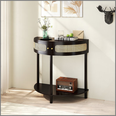 Table de bout unique en demi-lune avec porte coulissante en rotin, console élégante en demi-cercle avec 2 armoires de rangement en rotin et tablette inférieure pour le salon, la chambre à coucher, le bureau, le couloir (noir)