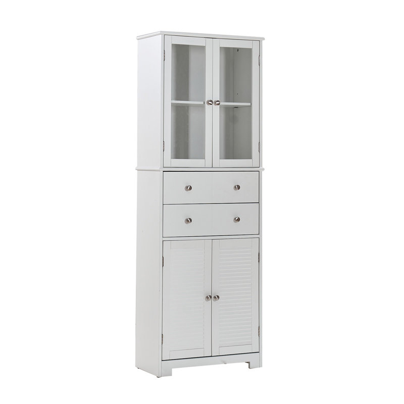 Grand garde-manger blanc de 67 po avec portes en verre, tiroirs et tablettes réglables - grande armoire de rangement pour la salle à manger et la salle de bain