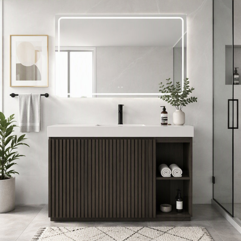 Meuble-lavabo de salle de bain avec lavabo, grand meuble-lavabo autoportant pour salle de bain moderne, lavabo une pièce blanc sans bonde ni robinet