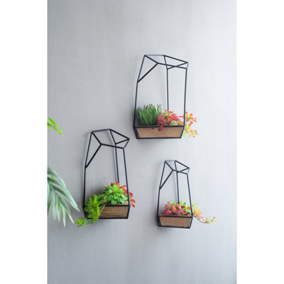 Ensemble de trois jardinières murales géométriques en fer noir et bois de sapin, idéales pour la décoration intérieure. Dimensions : L 9,8 x 9,8 x 16,5 cm, M 8,3 x 8,3 x 15,4 cm, S 7,1 x 7,1 x 13,4 cm. 3 éléments métalliques et décoratifs.