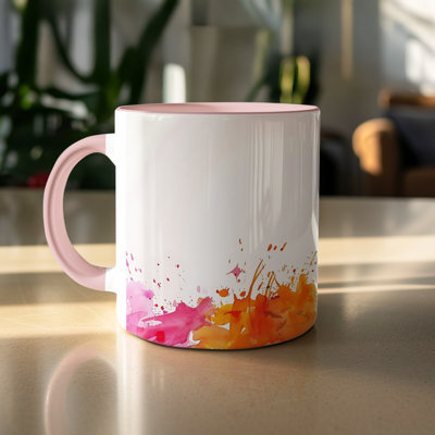 Kids Drawing Style 11oz Accent Mugs – Ceramic Coffee Cup with a Pink Handle and Interior