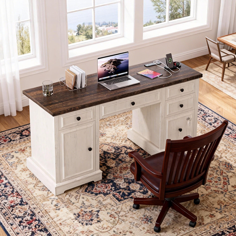 59" Farmhouse Computer Desk With Drawers & Power Outlets - Lockable File Cabinet, Rustic Wood Executive Desk, Brown/White