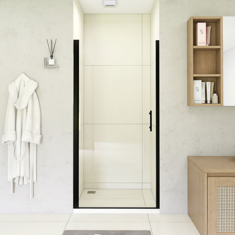 36" W × 72" H Pivot Shower Door – 1/4"(6Mm) Tempered Glass With Explosion-Proof Film, Stainless Steel Handle, Matte Black Aluminum Half Frame, Modern Minimalist Design