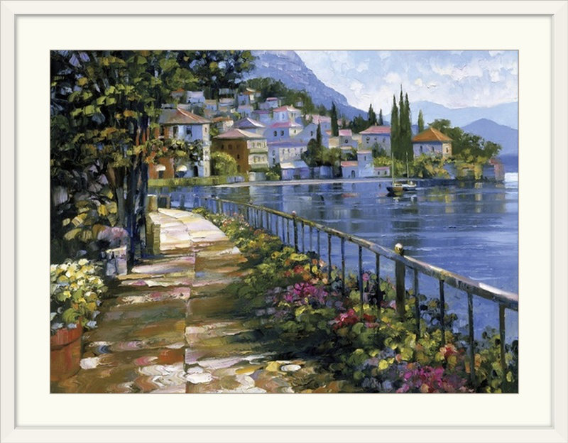«Sunlit Stroll» par Howard Behrens, reproduction d'art, H 35 po x l 44 po x P 1 po, Cadre blanc