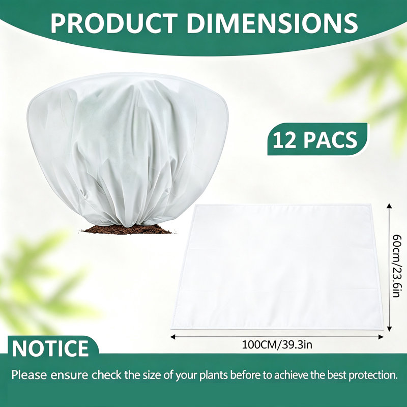 12‑Pack Drawstring Plant Fleece Frost Protection Jackets, 39.4" x 23.6" White Reusable Outdoor Plant Covers, Winter Garden Plant Protection Against Frost, Cold and Insect Damage