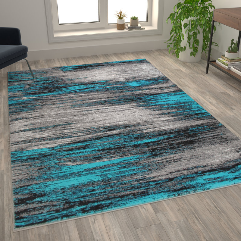 Tapis décoratif à motifs abstraits turquoise et gris Guelph, Rectangle 8 pi x 10 pi