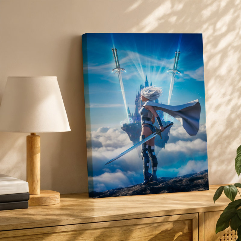 Toile, "A Heroic figure debout sur un éperon rocheux regardant dans un art mural" La distance avec une expression déterminée