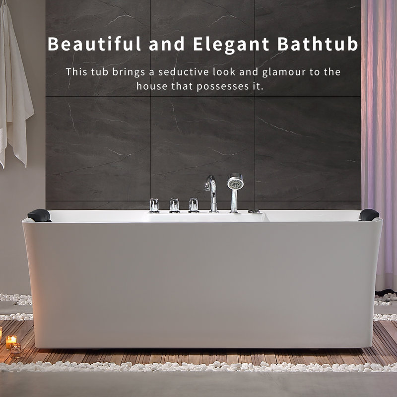 59 In. X 29.5 In. Center Drain Freestanding Whirlpool Bathtub Hydrotherapy Jetted Soaking Bath Tub - Tub Filler In White