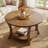 31.5” Round Solid Wood Coffee Table with Lower Storage Shelf, Rustic Natural Finish Living Room Center Table