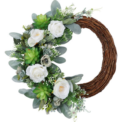 Ansuma 16-inch Handmade Artificial White Rose Wreath for Your Front Door