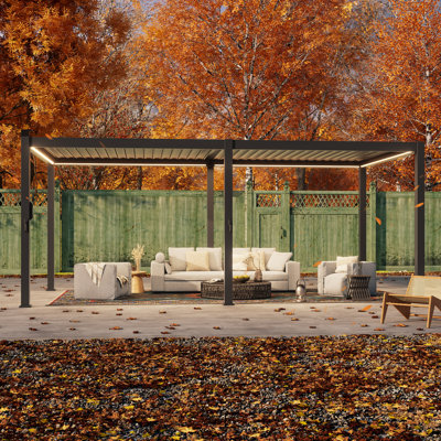 Patio Aluminum Metal Frame Pergola, Freestanding Lighted Patio Pergola with Adjustable Louvered Roof for Outdoor