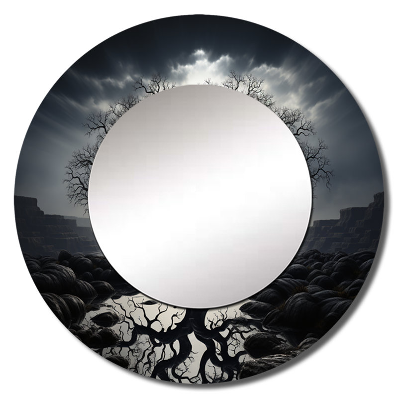 Seoras l'arbre de contraste monochrome II - miroir mural décoratif monochrome, miroir rond traditionnel, impression d'art en métal
