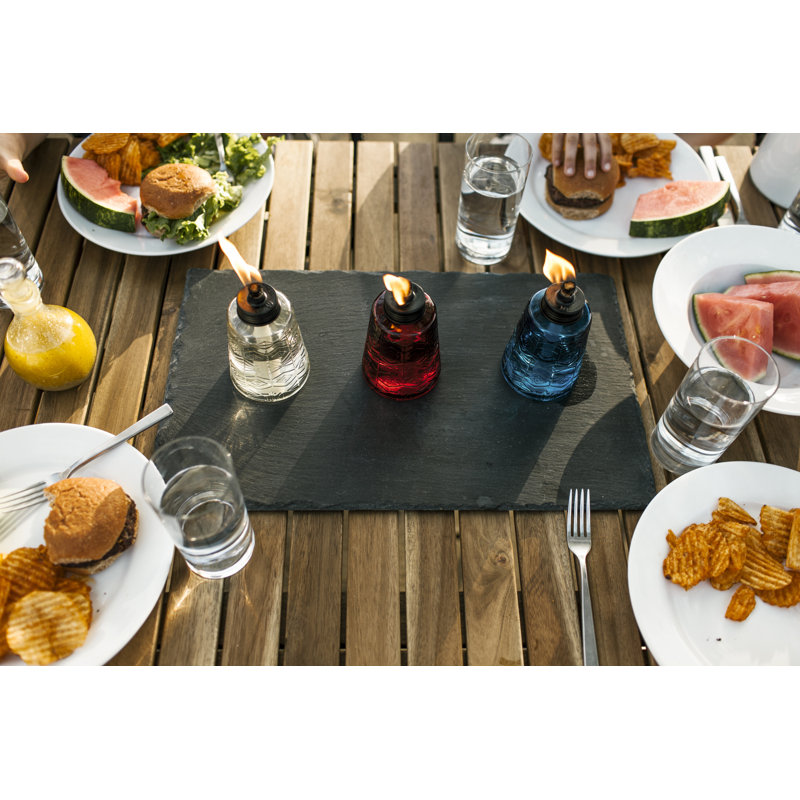 Red, Clear, and Blue Glass Tabletop Torches with Fiberglass Wick