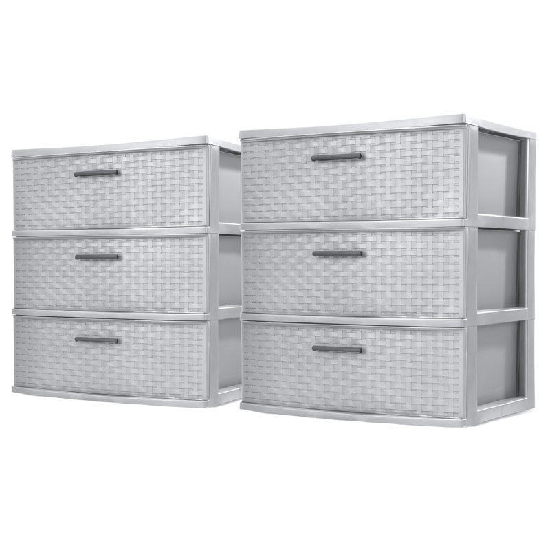 Sterilite 3 Drawer Wide Storage Tower, Plastic Weave Organizer, Cement, 2 Pack