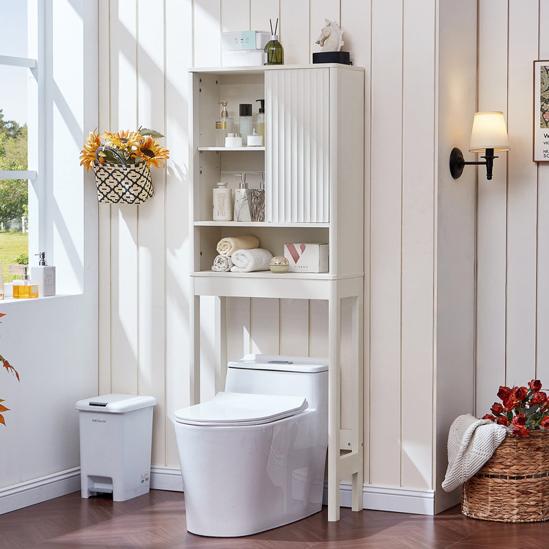 Fluted Over The Toilet Storage Cabinet, Farmhouse Over Toilet Bathroom Organizer With Sliding Door, 68" Tall Freestanding Washer Shelf With Adjustable Shelf & Curved Profile