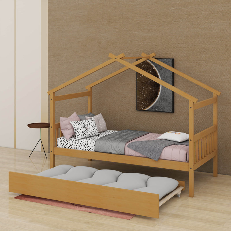 Lit simple en bois avec lit gigogne simple, Naturel, Simple