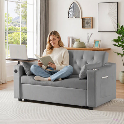 Canapé-lit en velours avec table d'appoint, porte-gobelet et port USB