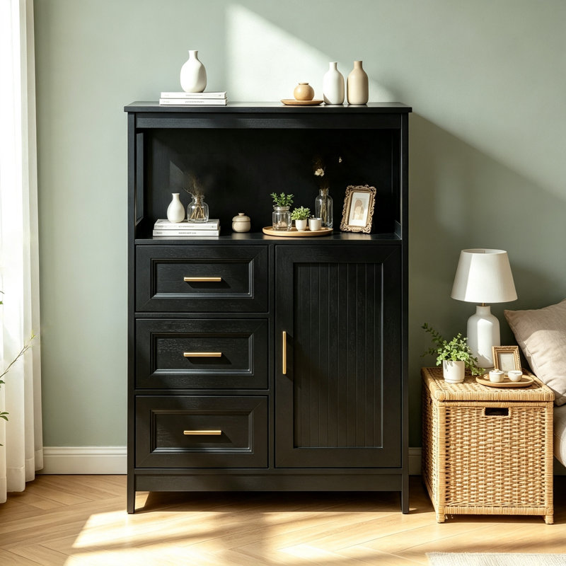 Buffet moderne avec 3 tiroirs et 1 porte, buffet de rangement noir avec tablette réglable - Armoire de plancher pour la cuisine, la salle à manger et le salon