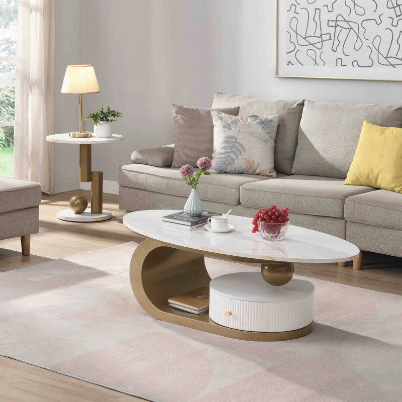 Nesting Coffee Table Set of 2, Gold, White