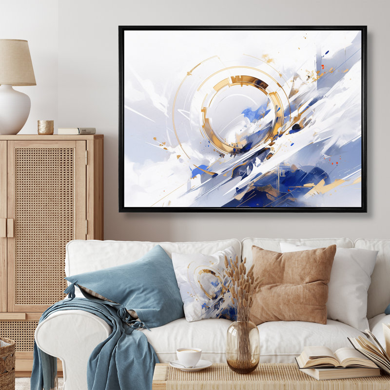 «Blue Gold Cubist Kaleidoscope II», reproduction sur toile, Cadre flottant noir, H 12 po x l 20 po x P 1 po