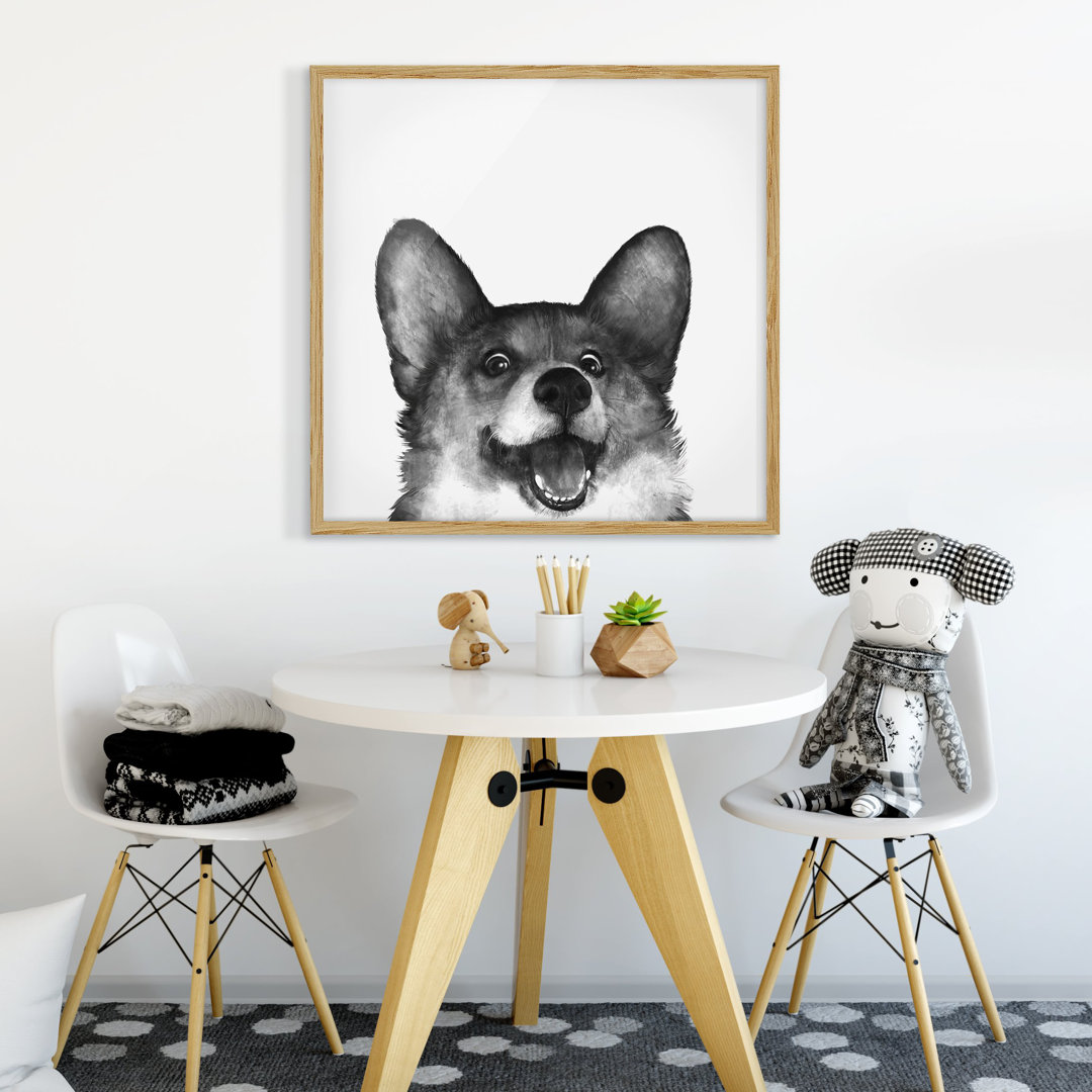 Gerahmtes Poster Illustration Hund Corgi Weiß Schwarz