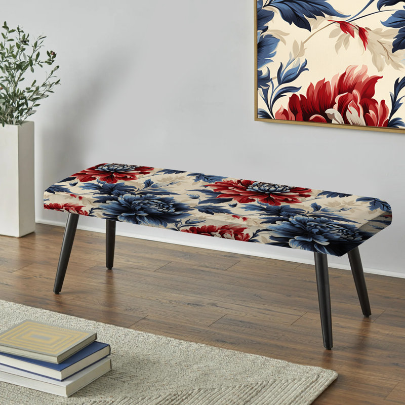 Banc noir rembourré Botanical, Red and Blue Damask Flower Nostalgia