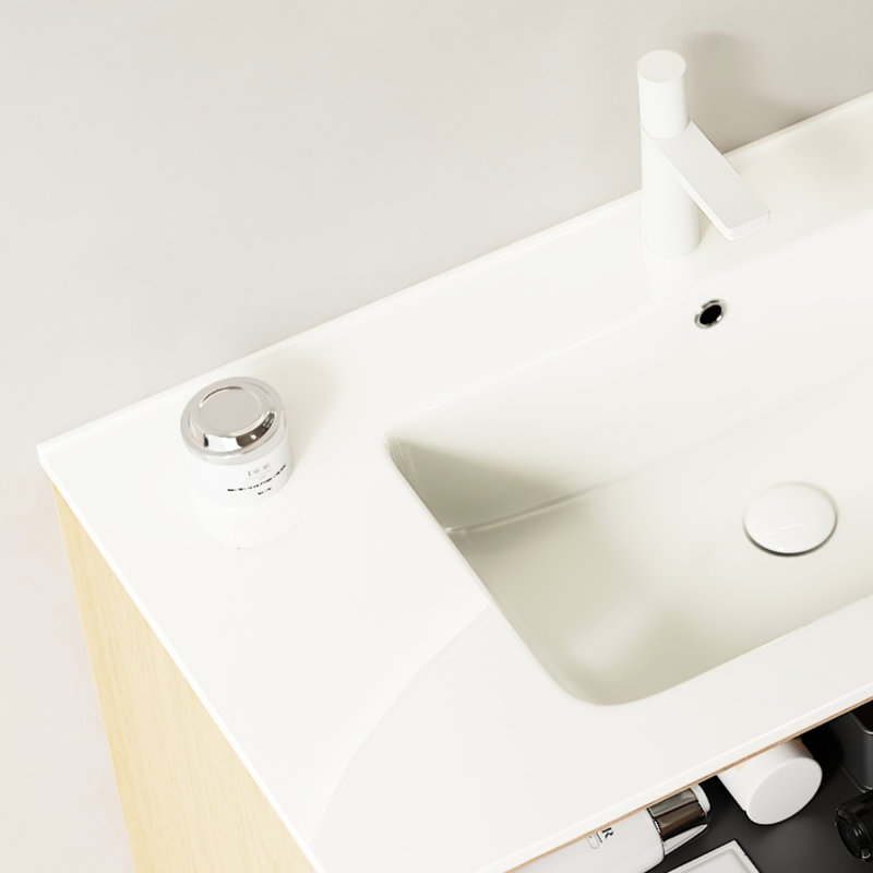 Lavabo de salle de bain 30 po avec lavabo en céramique blanche 75b, lavabo intégré rectangulaire brillant, surface lisse, comptoir de coin incurvé, trou pré-percé standard et trop-plein pour éviter les débordements