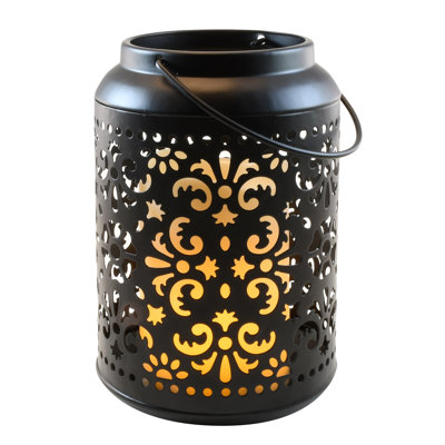 Flame Effect Battery-Operated Black Metal Lantern