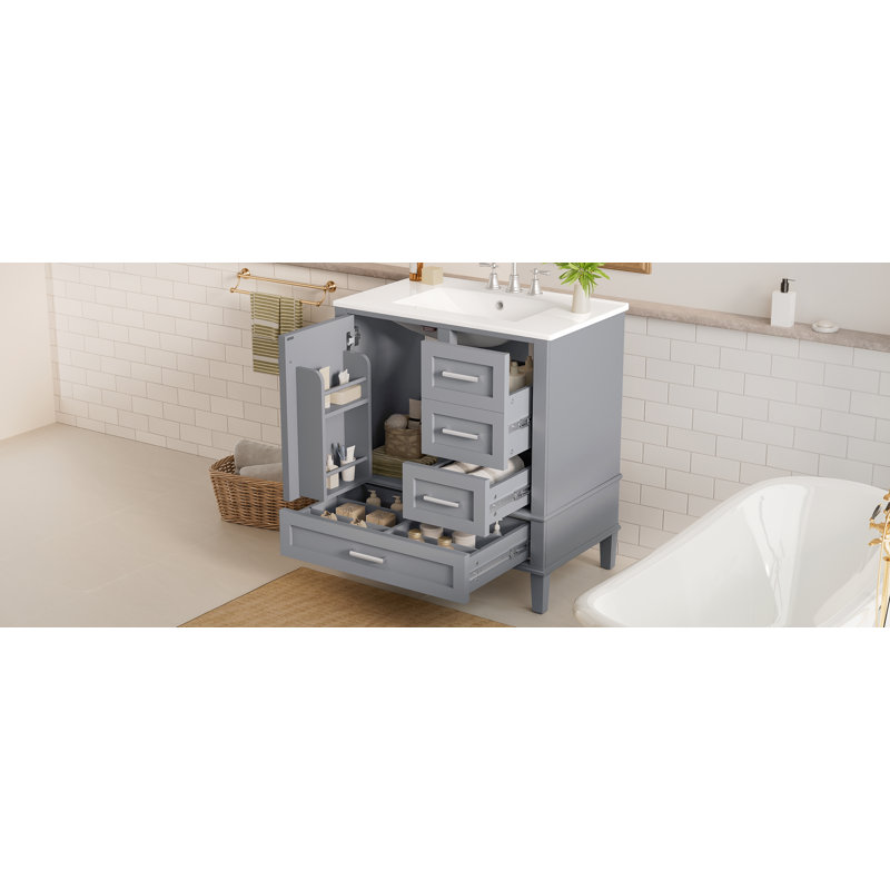 Meuble-lavabo moderne Amoura avec lavabo en céramique durable et solutions de rangement à fermeture en douceur, Gris